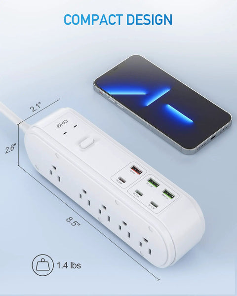 16-In-1 Power Strip With 10 Wide-Spacing Outlets, 3 USB-C And 3 USB-A Ports next to iPhone, compact design shown