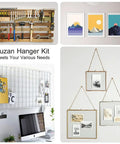 Collage showing 72 Piece Picture Hanger Kit With 4 Sizes and Iron Alloy Nail Hooks used for tools and framed art on walls.