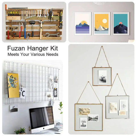 Collage showing 72 Piece Picture Hanger Kit With 4 Sizes and Iron Alloy Nail Hooks used for tools and framed art on walls.