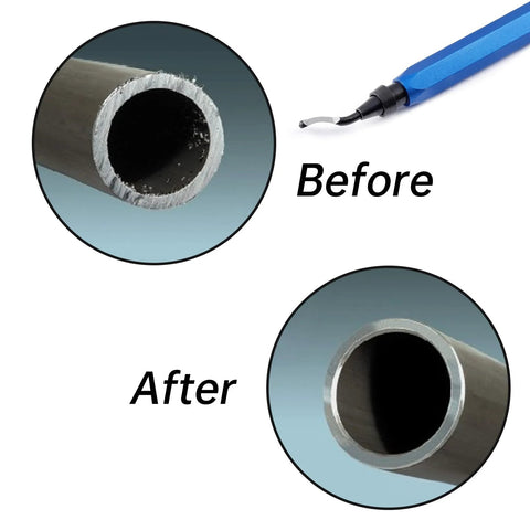 Front view: blue-handled two-piece deburring tool with HSS blades; pipe edge shown before and after deburring.