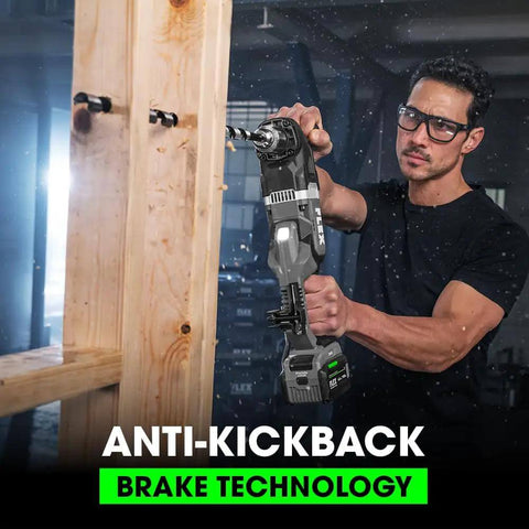 Pro Grade 24V Brushless Cordless Right Angle Drill Thumping Out 1680 In Lbs Torque Compact Electrician Conduit Running Workhorse With Turbo Boost Mode For Daily Grind in use on wood.