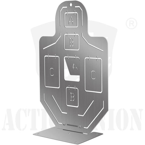 Beefy All Metal Airsoft Target With Six Zone Silhouette A B C Hit Areas, stainless steel on stand, front view