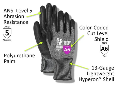 Touchscreen Friendly Level A6 Cut Resistant Work Gloves With 13 Gauge Hyperon Shell And Polyurethane Palm Coating For Dexterity