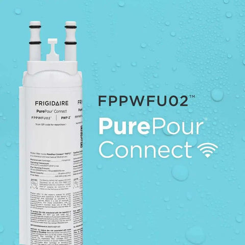 PurePour Connect PWF-2 Water And Ice Refrigerator Filter front view with label and Frigidaire branding on blue background