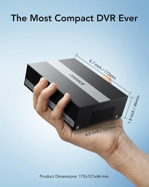 Hand holding 3K Lite 8CH 5 in 1 Hybrid DVR Recorder With 1TB Hard Drive, compact size, dimensions 172x121x46mm, on blue background.