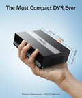 Person holding compact 8 Channel 3K Lite Digital Video Recorder with 1TB SSD, showcasing its size and design.