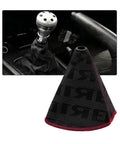 Front view of SHMZK black fabric shift boot cover with red stitching for car gear lever