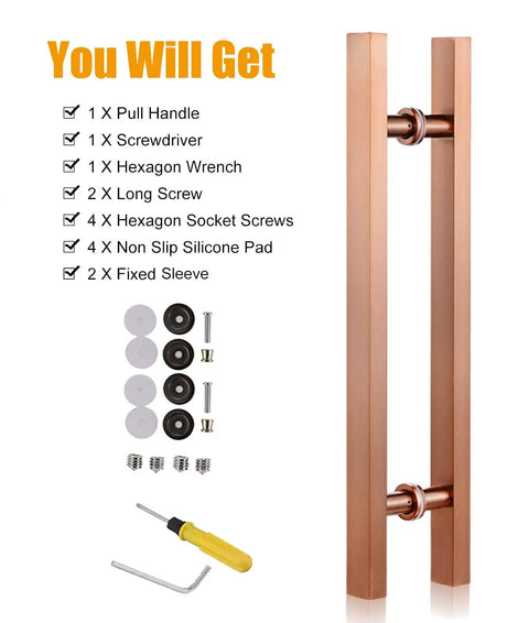 Door Pull Handle For Barn And Sliding Doors, Modern Square H Shape Push Pull Hardware In Rose Gold, 50 Cm (20 In) with accessories