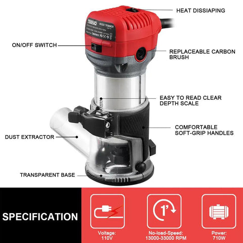Smooth Operator Corded Wood Router With Variable Speed And 15 Pc Bit Set For Effortless Edge Work showcasing detailed components and design.