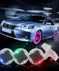 4 Pack Colorful LED Wheel Lights With Motion Sensor For Cars Bicycles And Motorcycles Valve Stem Hub Cap Tire Lights Solar Powered Waterproof Easy Install And Quick Remove To Boost Night Visibility Ride Ready Safety on a moving car at night