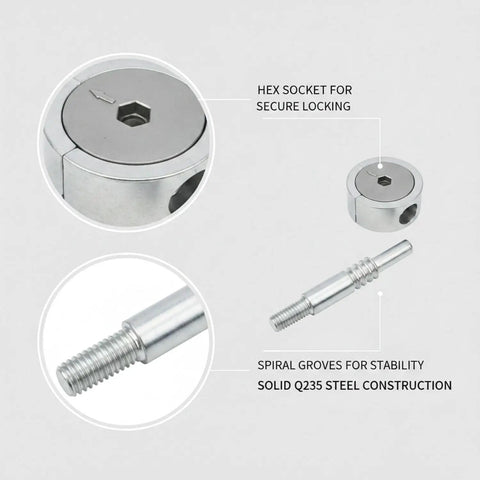 Spiral Locking Furniture Connector built with tough Q235 steel showing hex socket and spiral grooves for stable connections.
