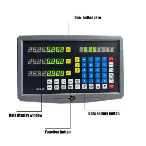 Close-up of 3 Axis Digital Readout Panel With Color LCD Display for milling lathe and grinder, showing controls and buttons.