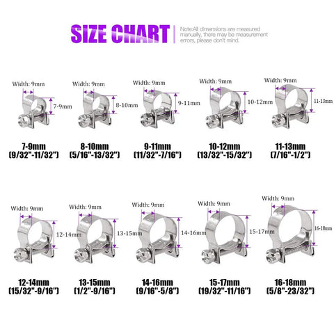 Size chart for 12Pcs 14mm-16mm 304 Stainless Steel Mini Fuel Injection Line Style Hose Clamp Set For Autos, Farming Rigs, Plant Setups, And Construction Gigs - Adjustable, Reusable, Easy To Use Screw Clamp