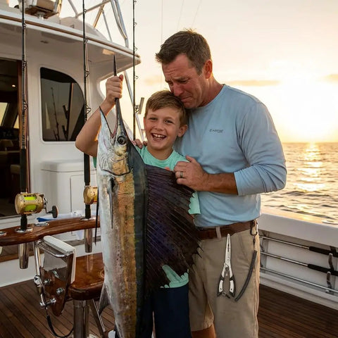 Father and son holding a sailfish on a boat at sunrise, with fishing rods in the background.