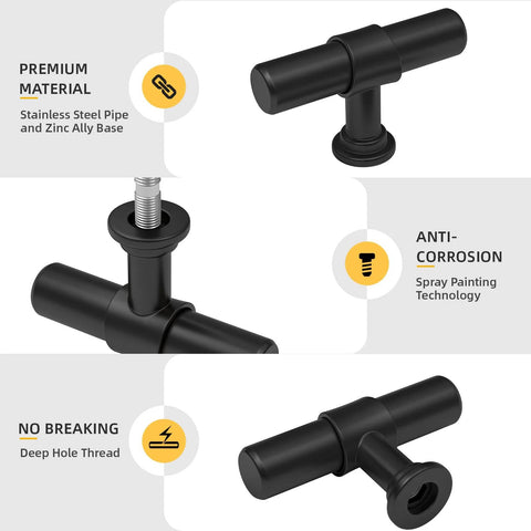 5 Pack Black Cabinet Knobs And Drawer Pulls, T Bar Dresser Handles, durable stainless steel and zinc alloy, close-up view