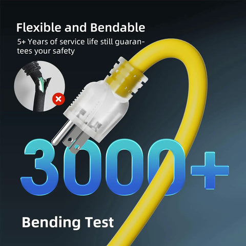 Heavy Duty 25 Foot 12 Gauge Outdoor Extension Cord With Lighted End, Waterproof 3 Prong SJTW 15A 1875W Yellow Cable bending test