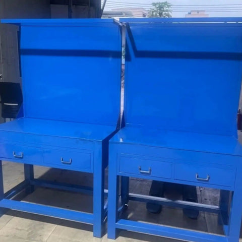 Industrial Heavy Duty Fitters Workbench With An Eight Mil Thick Solid A3 Steel Tabletop Built Like A Tank For Stubborn Mold Assembly and Serious Shop Grind, blue with storage drawers.