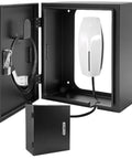 Badass Heavy Duty Wall Mount EV Charger Lock Box With Dial Combo Padlock open showing interior and charging cable, slick black steel construction.