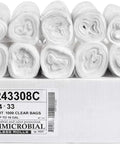 Heavy Duty Clear Trash Bags 1000 Count 12 To 16 Gallon Size 24 By 33 Inch Coreless Rolls displayed in stacked rolls.
