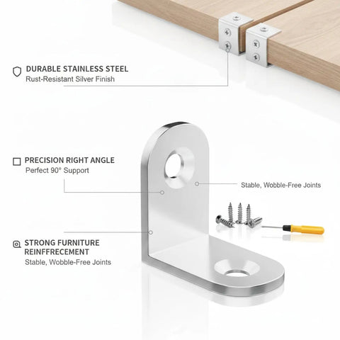 Beefy Stainless Steel Corner Bracket For 90 Degree Furniture Reinforcement Right Angle Support, silver finish, with screws and tool