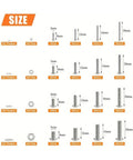 Massive 1280 Piece 304 Stainless Steel Hex Socket Screw And Nut Kit With Five Metric Sizes From M2 To M5 For Quick Durable Repairs And Tight Solid Fastening On Diy Projects And Home Fixes size chart showing M2-M5 screws, nuts, and washers