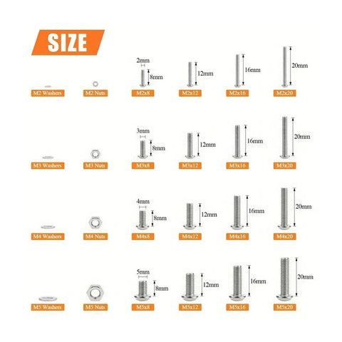 Massive 1280 Piece 304 Stainless Steel Hex Socket Screw And Nut Kit With Five Metric Sizes From M2 To M5 For Quick Durable Repairs And Tight Solid Fastening On Diy Projects And Home Fixes size chart showing M2-M5 screws, nuts, and washers