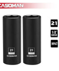 Two Pack Half Inch Drive 21mm Deep Impact Socket Set 6 Point Metric CR MO Steel Drop Forged And Heat Treated Black Oxide Finish