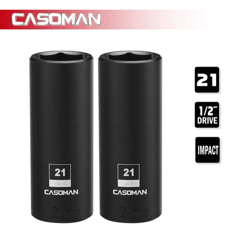 Two Pack Half Inch Drive 21mm Deep Impact Socket Set 6 Point Metric CR MO Steel Drop Forged And Heat Treated Black Oxide Finish