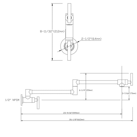Technical diagram of Pot Filler Faucet Wall Mount Brushed Nickel Finish With Dual Swing Joints 304 Stainless Steel Lead Free ASME A112.18.1 CSA B125.1 Certified ICC-ES PMG Easy Fill For Busy Home Chefs, showing dimensions and structure.