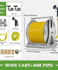 Heavy Duty Portable Hose Reel Cart with Extra Long Water Hose Beefy Stainless Steel Frame Easy Snap Together Setup with water gun and hoses.