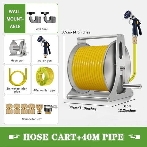 Heavy Duty Portable Hose Reel Cart with Extra Long Water Hose Beefy Stainless Steel Frame Easy Snap Together Setup with water gun and hoses.