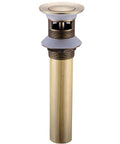 Antique Solid Brass Pop Up Sink Drain Stopper With Overflow For Bathroom Vanity, Durable All Metal Drain Assembly, shown upright