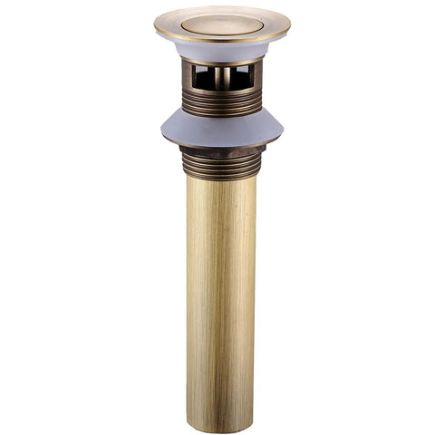 Antique Solid Brass Pop Up Sink Drain Stopper With Overflow For Bathroom Vanity, Durable All Metal Drain Assembly, shown upright