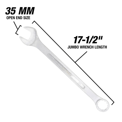 35mm Jumbo Combination Wrench Chrome Plated With Raised Panel Design shown with open and box ends, durable finish