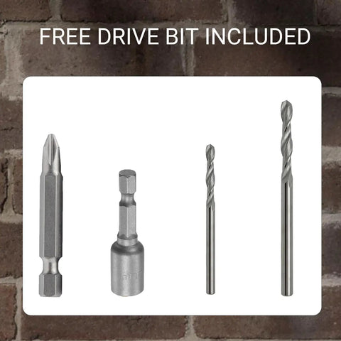 Close-up of drill bits and driver for 200 Piece Concrete Screw Kit With One Quarter Inch And Three Sixteenth Inch Masonry Screws.