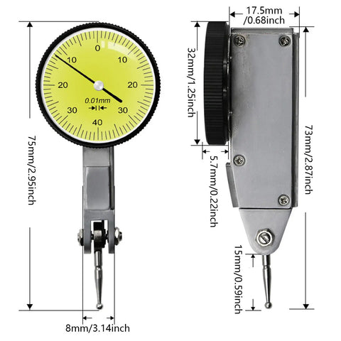 Pro Grade Precision Test Indicators 0 To 0.8mm With 0.01mm Dial Scale 32mm Dials Aluminum Alloy Center Finder, side view
