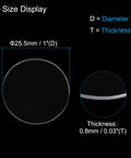Ultra Clear 25.5mm Round Watch Crystal Lens with 0.8mm thickness shown in size display for DIY repair and modding.