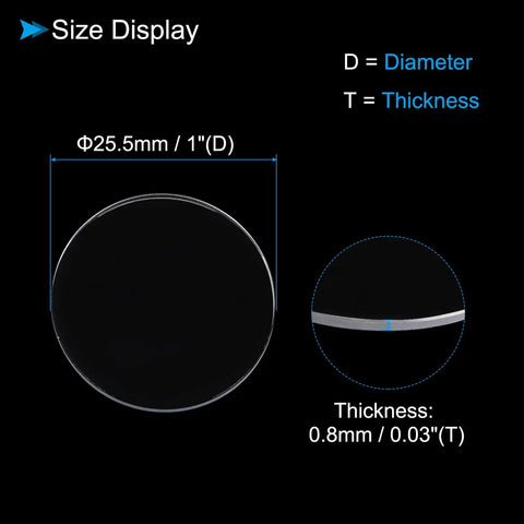 Ultra Clear 25.5mm Round Watch Crystal Lens with 0.8mm thickness shown in size display for DIY repair and modding.