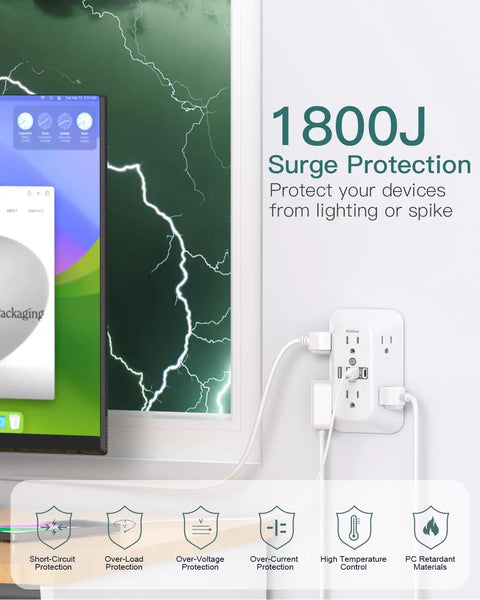 Badass Surge Protector Outlet Extender With Six Ac Outlets And Four Usb Ports Plus Two Type C Fast Charging Killer Wall Adapter Features wide spacing on wall.