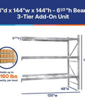 Workhorse Grade Galvanized Teardrop Pallet Rack Add On Unit With Three Tier Wire Decking 48 By 144 By 144 Inch setup shown with dimensions.