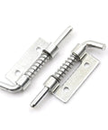 Spring Bolt Latch Lock for Door Gate Cabinet Metal Push Button Safety Catch, durable steel construction, includes two latches.