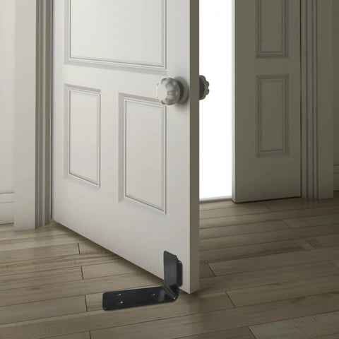 Heavy Duty Stainless Steel Sliding Door Hardware Bottom Stop With Mounting Screws Black Anti Roll Floor Track Guide For Barn Doors Hella Smooth Operation used with a door.
