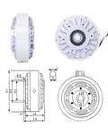 Front and side view of Heavy-Duty 25Nm Magnetic Powder Brake with hollow shaft for tension control and unwinding, 24V DC, 1000RPM