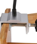 Close-up of Beefy Flexible Metal Arm Soldering Clamp with Adjustable Multi Angle Stand clamping a wooden surface for stability.