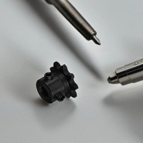 Hot 9 Tooth Carbon Steel Chain Roller Sprocket Gear For Industrial Power Transmission on a table with pens.