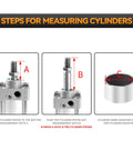Steps for measuring cylinders showing A for piston bottom, B for piston out, and C for cylinder diameter on an aluminum alloy pneumatic air cylinder.