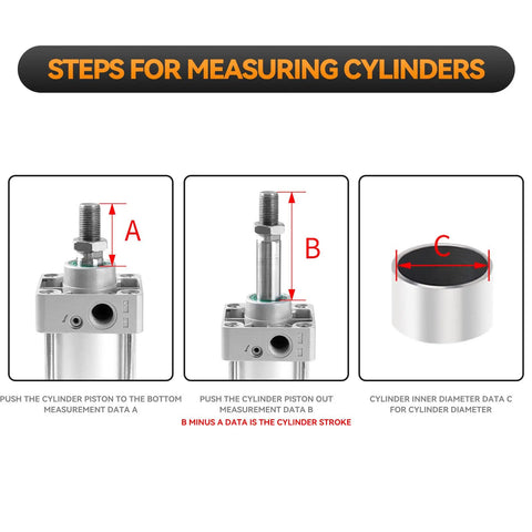 Steps for measuring cylinders showing A for piston bottom, B for piston out, and C for cylinder diameter on an aluminum alloy pneumatic air cylinder.