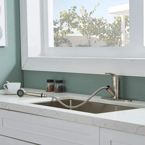 Stainless Steel Brushed Nickel One Handle Pull Out Sprayer Bar Kitchen Faucet For Small Sinks With Escutcheons And Single Hole Mount