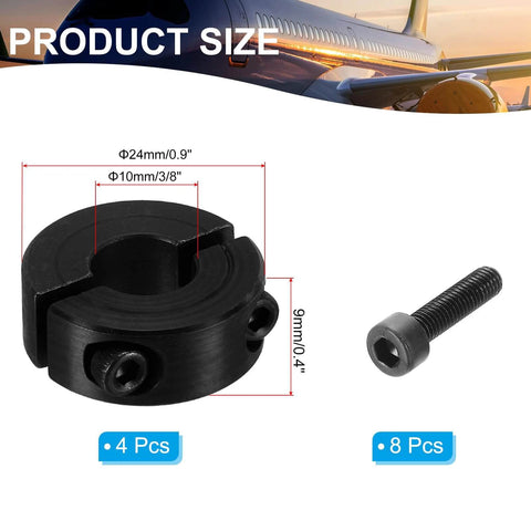 Bore 10mm Double Split Shaft Collar 24mm OD 9mm Thickness, 4 Pack 45#Carbon Steel Locking Collar Clamp, set screws shown.