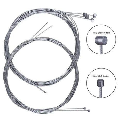 All In One Universal Bike Cable Replacement Kit For Shifting And Braking With 4mm Housing Front 1.55m Cable Rear 2.1m Cable Includes Ferrules Ends And S Buckles For Mountain And Road Bikes showing MTB brake and gear shift cables.